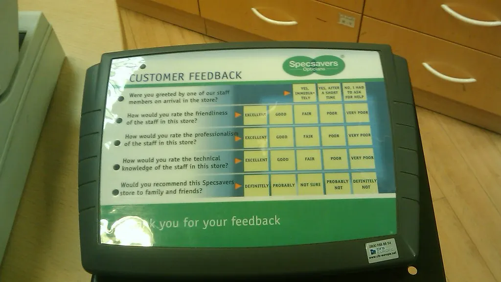 A customer feedback terminal with rating buttons on a counter